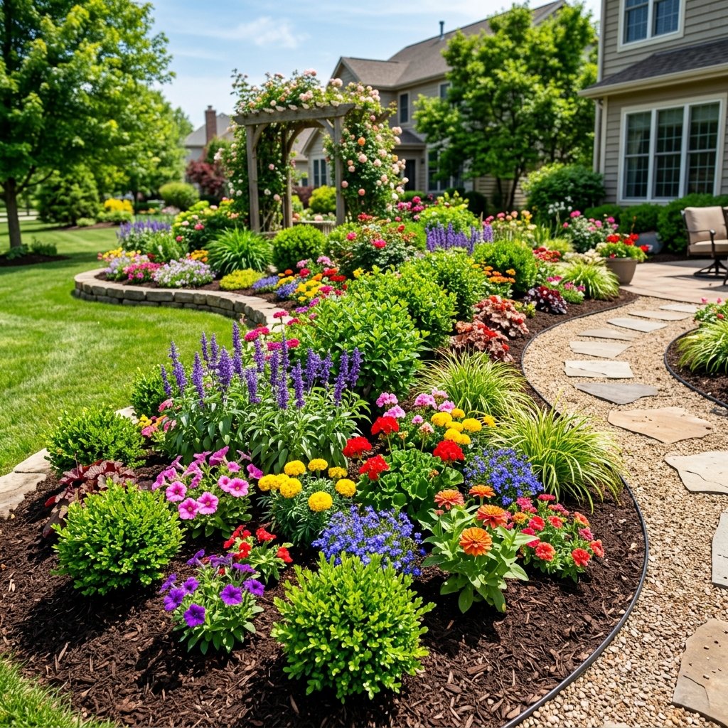 Lush garden bed design with colorful flowers and shrubs