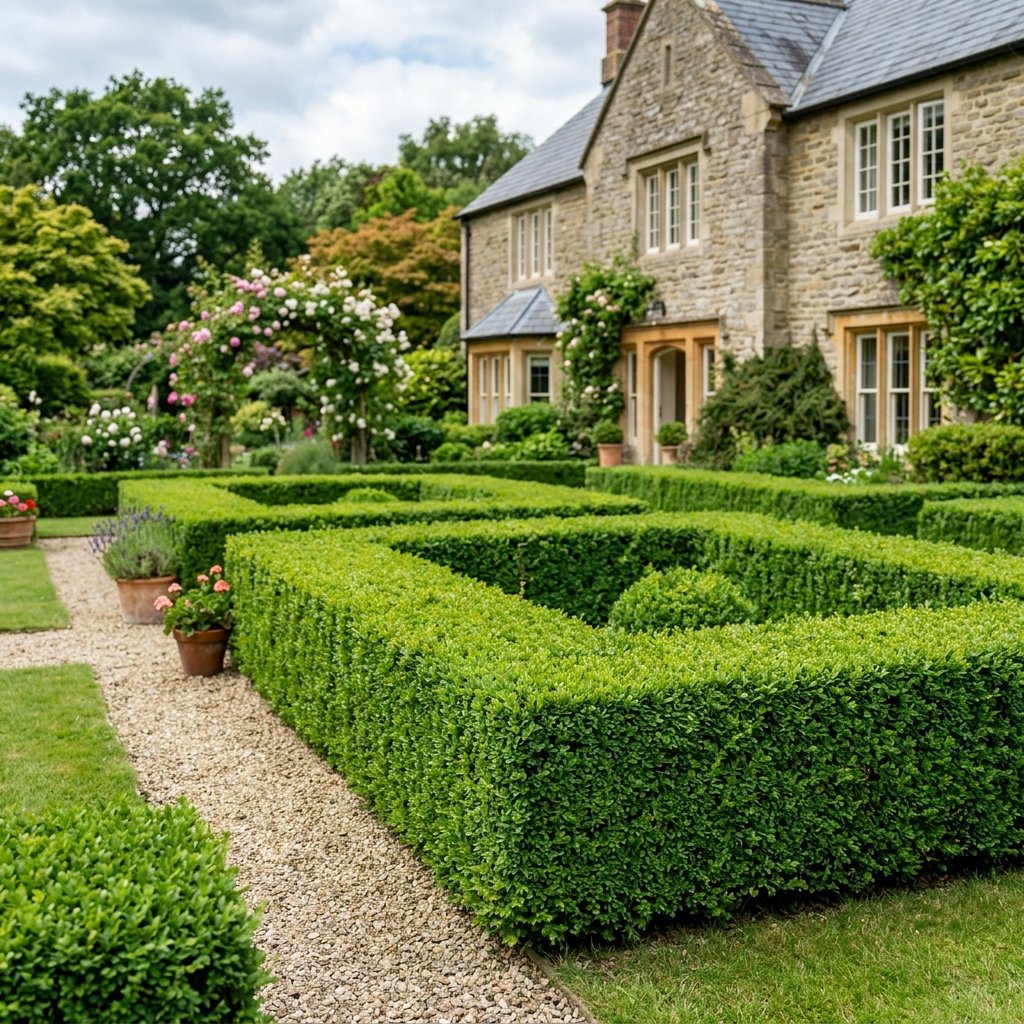Artfully trimmed and shaped green hedges