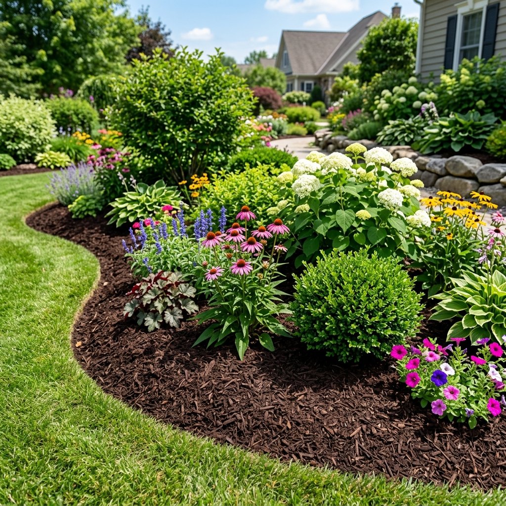 Neatly mulched flowerbeds with spaded edges