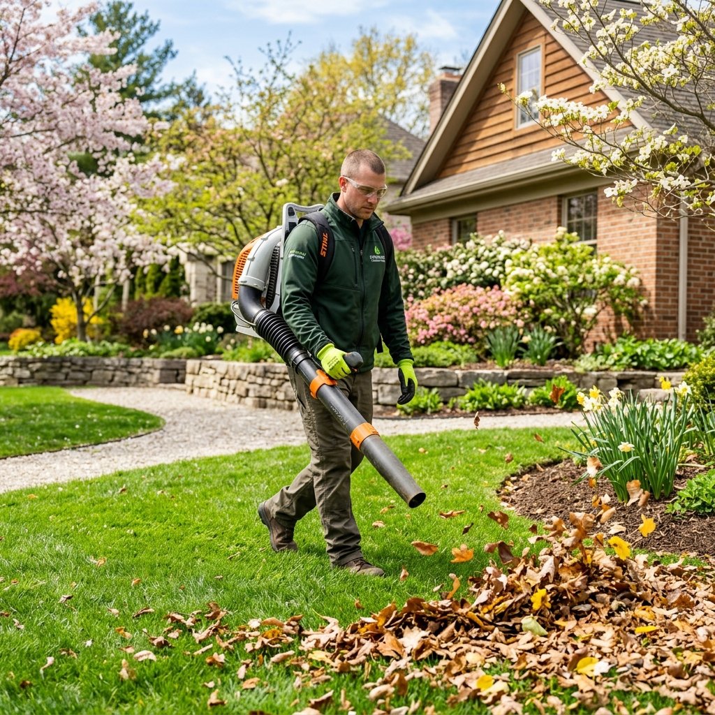 Suburban property after spring leaf clean-up and lawn prep